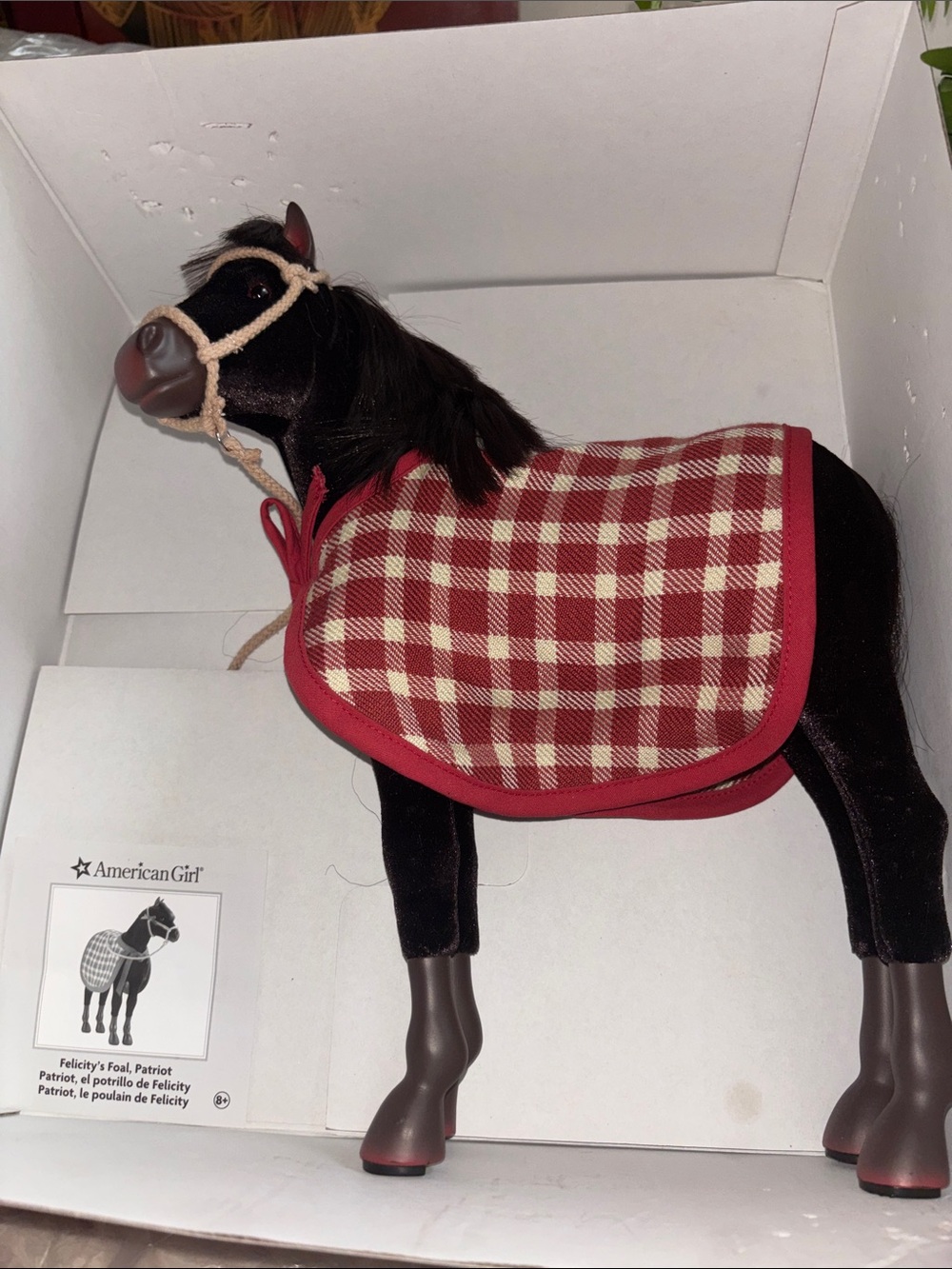 American Girl Black Foal with Red and Cream Plaid Blanket